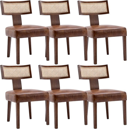 Mid Century Modern Dining Chairs Set of 6 Rattan Kitchen Chairs PU Leather Upholstered Side Chairs, Modern Kitchen Armless Solid Wood Dining Chairs, Brown