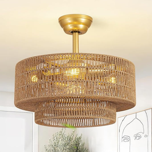 Boho Caged Fandelier with Lights Flush Mount Rattan Ceiling Fan with Lights and Remote Control, Enclosed 6 Speeds Low Profile Fan Light for Bedroom, Living Room, Kitchen