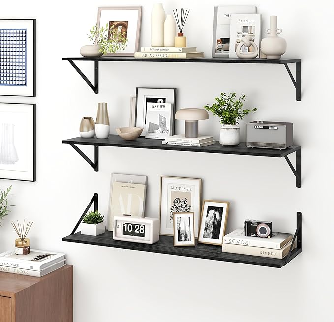 Fun Memories Deep Floating Shelves for Wall, 36W x 8D Wall Mounted Shelves Set of 2, Wide Display Ledge Shelf with Sturdy Metal Brackets for Living Room, Bathroom, Bedroom and Kitchen, Black