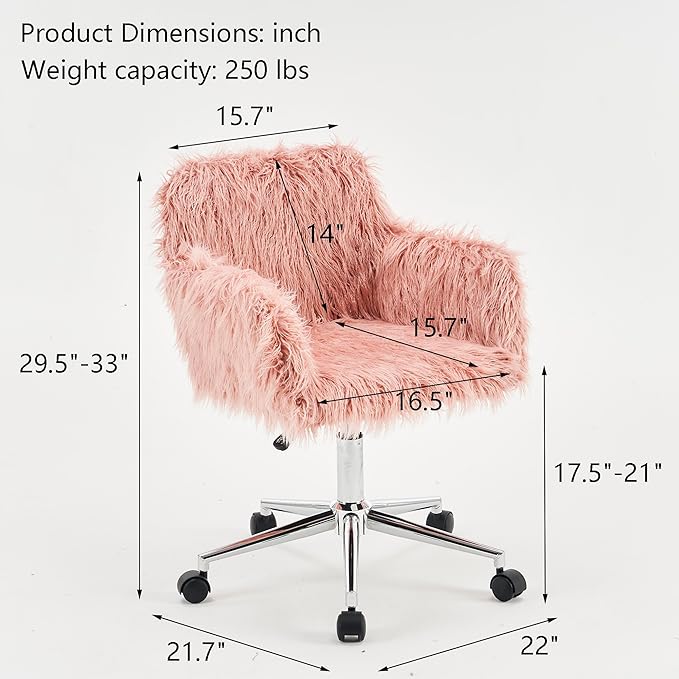 Goujxcy Fluffy Desk Chair, Pink Faux Fur Vanity Chair Swivel Office Chair for Girls Women, Height Adjustable Cute Plush Furry Makeup Chairs for Bedroom Home Office
