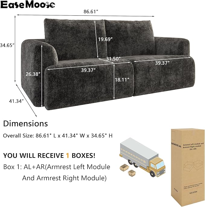 EASE MOOSE Boneless Couch for Living Room, Sectional Cloud Sofa, Modular Cloud Couch Loveseat, 2-Seater Deep Seat Sofas with Pillow for Bedroom, Apartment, No Assembly Required, Chenille (Dark Grey)