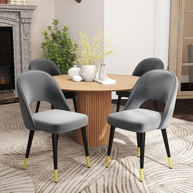 DUOMAY Modern Dining Chair Set of 4 with Open Back, Velvet Upholstered Armless Chair with Metal Frame Side Chair for Kitchen Dining Room Living Room, Grey