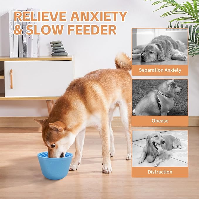 Dog Lick Bowl with Brush and Scraper, Anxiety Relief Silicone Slow Feeder Treat Dispenser, Anti-chocking Pet Dish, Non-Slip Interactive Entertainment Dog Puzzle Toy for Medium & Large-Light Blue
