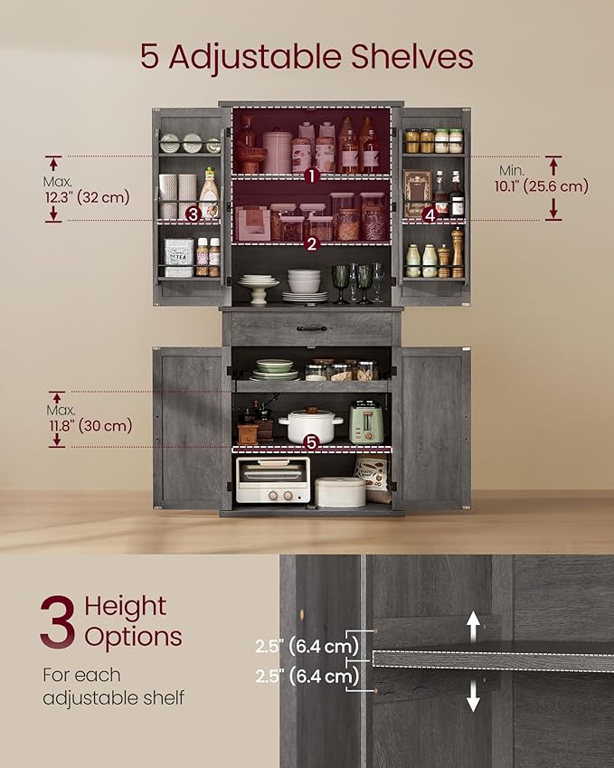 VASAGLE LIRY Collection - Pantry Cabinet, 70.3-Inch Tall Farmhouse Kitchen Storage Cabinet with Barn Doors, Drawer, Tray, Adjustable Shelves, for Kitchen, Dining Room, Misty Gray UBBK364G01