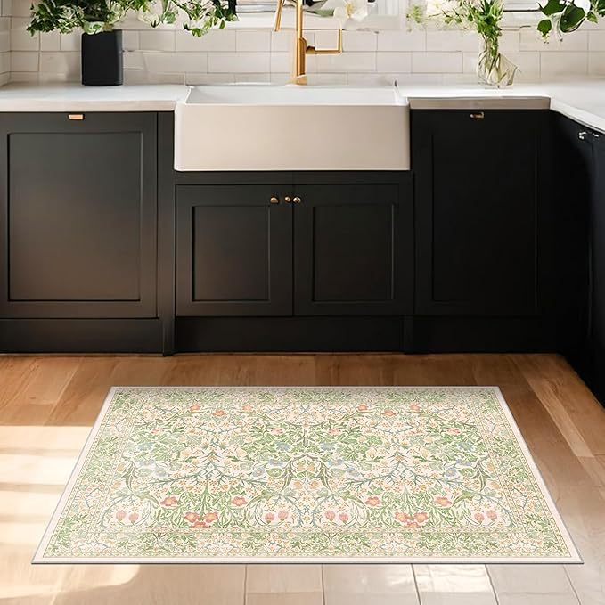 Washable Entry Rug - Front Door Rugs Indoor, Non-Slip Bathroom Small Rugs, Vintage Floral Style Rug for Kitchen, Perfect for Entryway Décor (2x3 Beige Green)