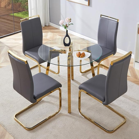 Round Dining Table Set for 4,36" Glass Dining Table Set for 4 with Stainless Steel Leg,Small Kitchen Table with 4 Cushion Chairs,5 Piece Dining Room Table Set Space Saving