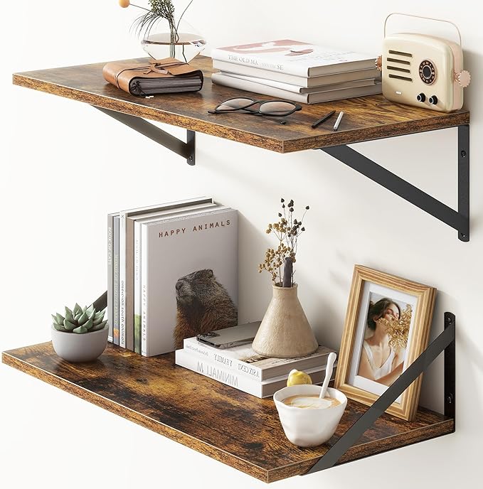 Deep Floating Shelves, 12 Inch Deep Floating Shelves for Wall, 24"W x 12"D Wall Shelves for Books, Large Rustic Wooden Shelf, Wide Display Shelf for Bathroom, Living Room, Rustic Brown, Set of 2