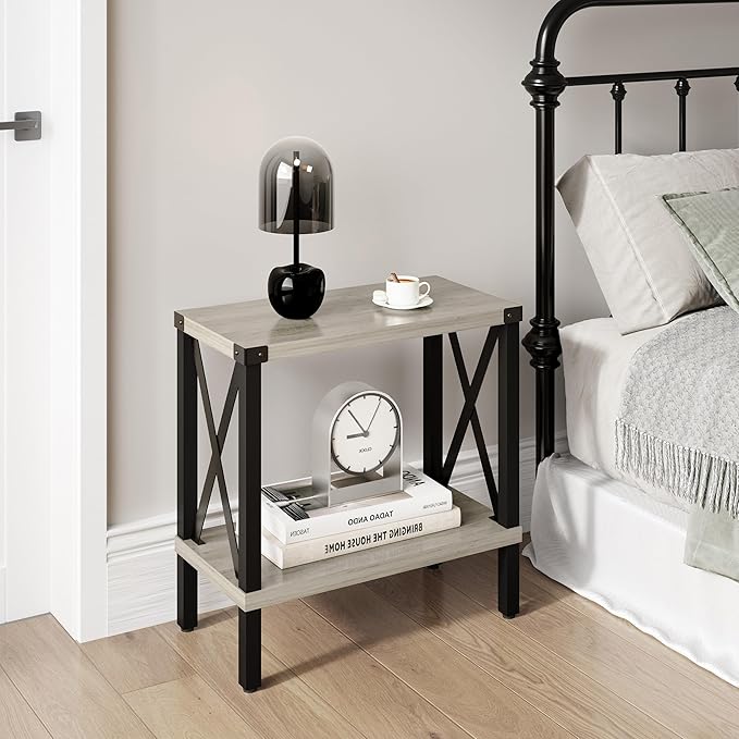 Narrow End Table, Large Sofa Side Table, Farmhouse Nightstand with Storage Shelve, Slim Bedside Table for Living, Room Bedroom, Lounge Oak MLBZ17Z