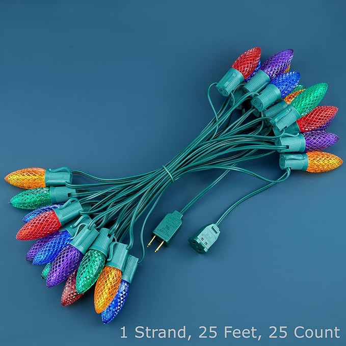 YULETIME Multicolor C9 LED Christmas Lights, 25 Feet 25 Count 12" Spacing Faceted Strawberry Bulbs UL Certified Outdoor String Light Set (Multicolor)