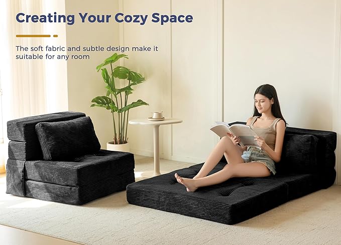 MAXYOYO Convertible Sofa Bed, Fold Out Loveseat Sleeper Sofa with Pillow, 4 in 1 Tufted Folding Couch Bed Foam Floor Couch, Lazy Chair for Living Room Bedroom Guest Room, Black
