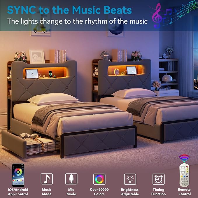 Twin Upholstered LED Bed Frame with 2 Storage Drawers and 2-Tier Storage Bookcase Headboard, Velvet Platform Bed for Kids/Girls/Boys, Heavy Duty Metal Support, No Box Spring Needed, Grey