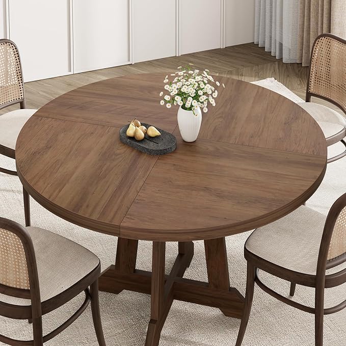 GarveeHome Round Dining Table for 4,Kitchen Dining Room Circle Dinner Pedestal Table,Space Saving Wood Kitchen & Dining Room Furniture,Brown 47-inch Diameter