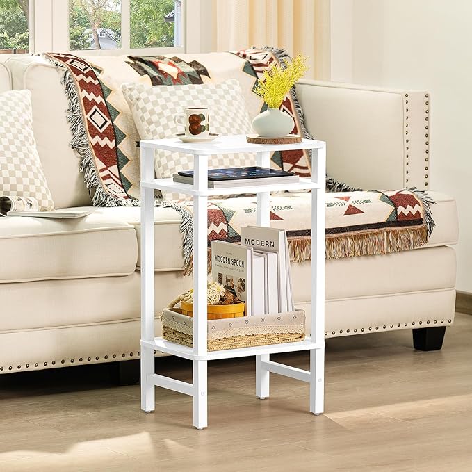 28in Tall Side Table 3-Tier Small Narrow End Table for Couch, Skinny Nightstand for Small Space, Farmhouse Slim Night Stand with Storage, Wooden Frame Thin Bedside Table, for Living Room, White