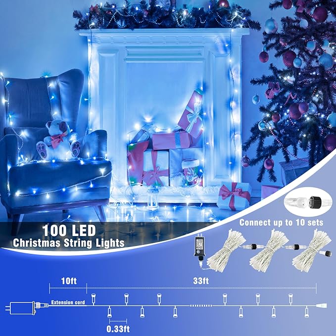 100 LED Christmas Lights Outdoor, 33ft Christmas String Lights for Bedroom 8 Modes Waterproof Plug in Twinkle Fairy Light for Indoor Outside Bedroom Home Party Decoration, Blue&White