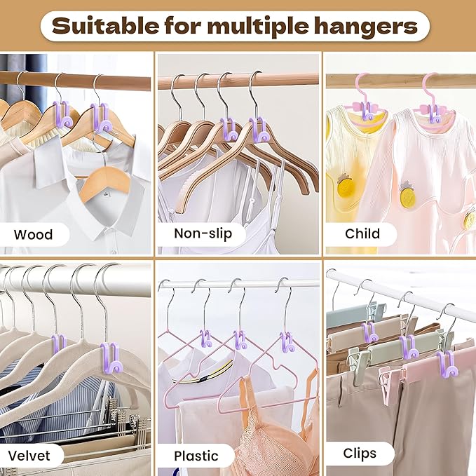 Mlici Hanger Extender Space Saver for Closet, 60 Pack Clothes Hanger Connector, Clothes Extender Hooks for Stacking Closet Organization (Purple)