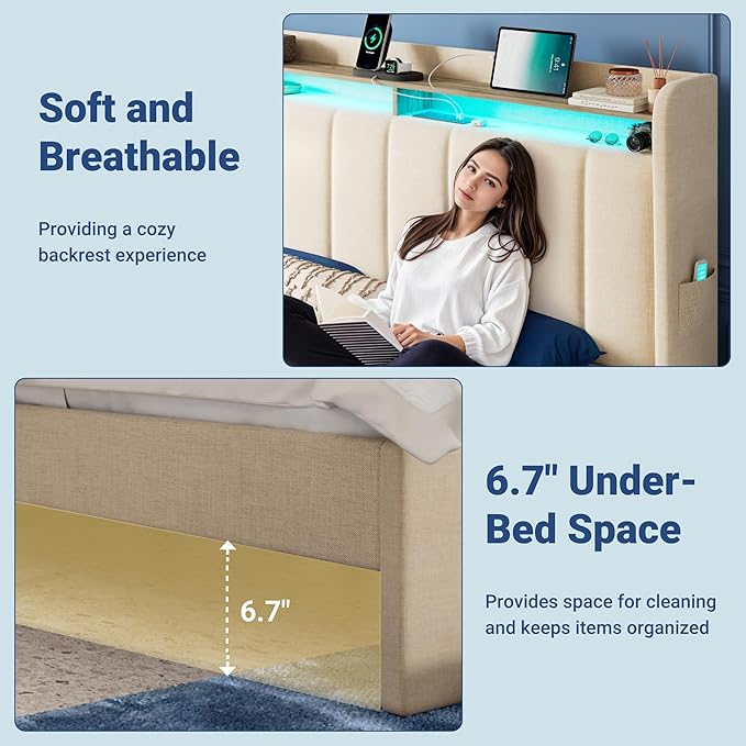 Allewie Vertical Tufted Full Size Upholstered Platform Bed Frame with 2-Tier LED Storage Headboard & 2 Storage Drawers, USB & Type-C Charging Ports, Noise-Free/No Box Spring Needed, Beige