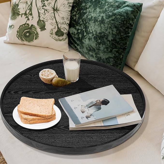 20 inch Round Solid Wood Serving Tray Extra Large Tea Coffee Snack Food Meals Serving Plate Non-Slip Kitchen Party Bar Server Ottoman Tray Breakfast Tray with Raised Edges Black