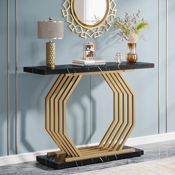 Tribesigns Gold Console Table, Faux Marble Entryway Table Narrow Sofa Table with Geometric Metal Base, 40 Inch Modern Accent Table Entrance Table for Living Room, Hallway, Foyer, Black