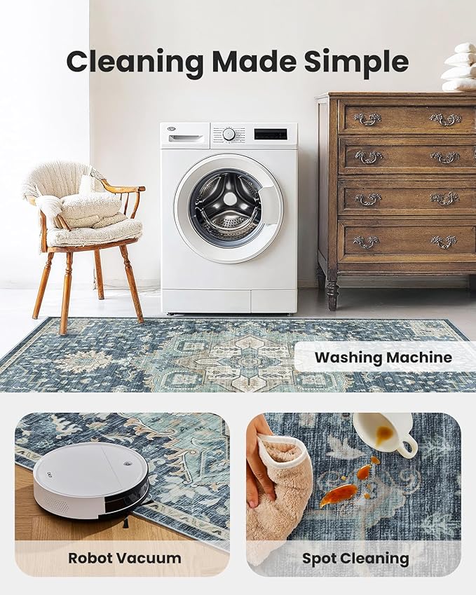 AMADA HOMEFURNISHING 6x9 Area Rugs, Blue Low-Profile Washable Rug with Non-Slip Backing & Durable Edge Binding, Vintage Rugs for Living Room, Bedroom, Dinning Room