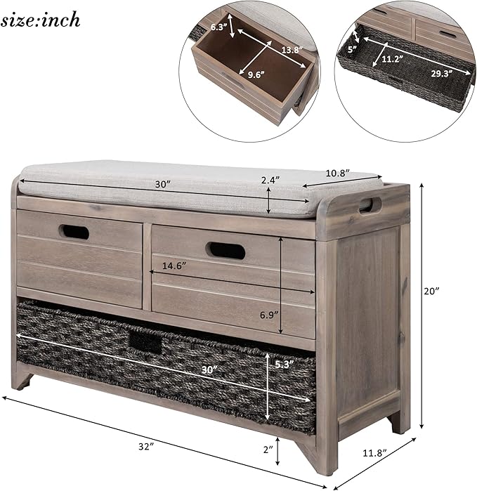 Fully Assembled Storage Bench with Cushioned Seat, 2 Drawers & Removable Basket, Solid Wood Entryway Shoe Bench for Bedroom, Hallway, Living Room (White Washed)