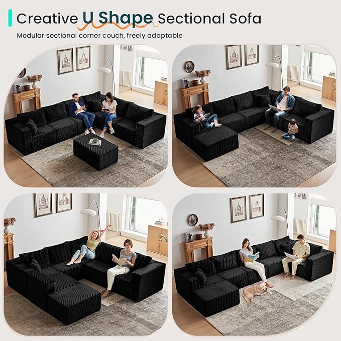 156" U Shaped Cloud Couch Sectional Couch with Deep Seat, 7 Seater Corduroy Modular Couches, Boneless Sofa with Removable Ottoman, Sectional Couches for Living Room, No Assembly Required, Black