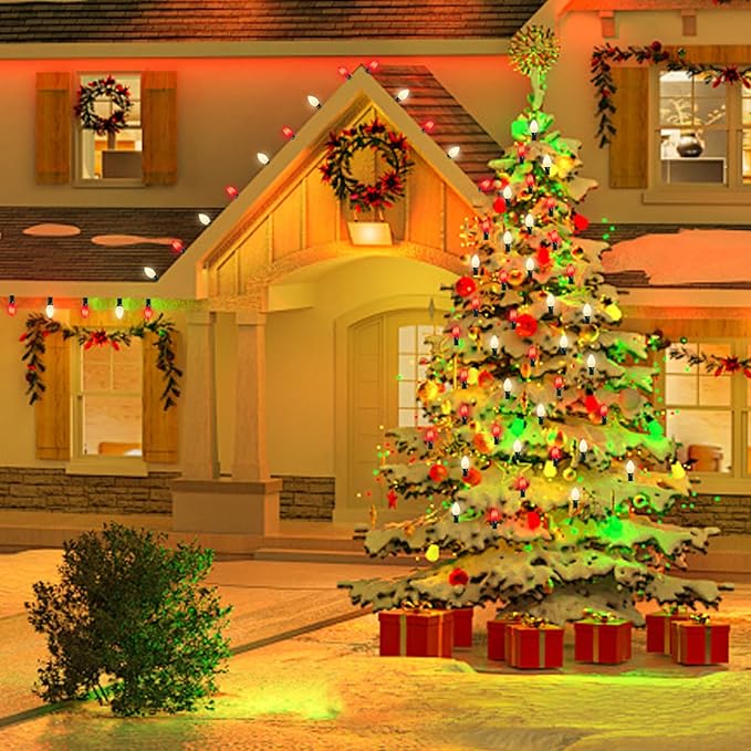 C7 LED Red and White Christmas Lights,25ft Outdoor String Lights with 27 Red White LED Bulbs(2 Spare),Connectable Outside Christmas Lights for Xmas Tree Party Roof Decoration,Green Wire