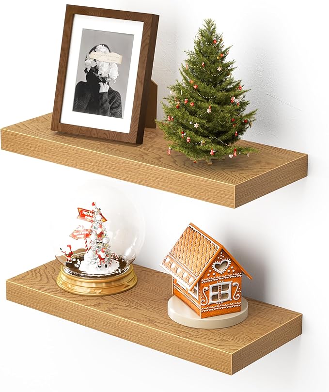 Heimlove Floating Shelves for Wall,16 inchs Shelf for Small Bathroom,Mounted Storage & Display Shelves for Bedroom,Living Room,Kitchen,Office,Set of 2,Oak Color