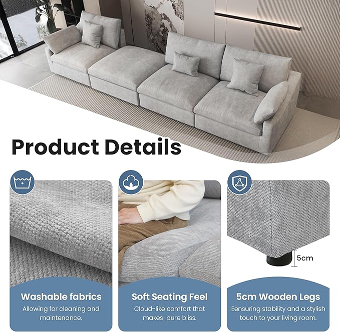 WJShome 160" Cloud Couch Sectional for Living Room, Down Filled Modular Sectional Sofa,4 Seater Convertible Couch, Sofa Covers Washable&Replaceable,Gray