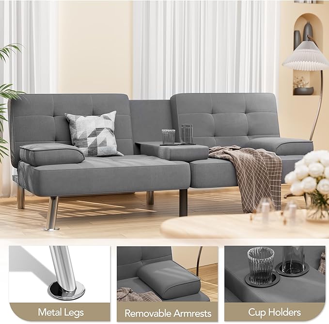 Shahoo Modern Linen Upholstered Convertible Folding Futon Sofa Bed with Removable Armrests, Metal Legs, 2 Cup Holders for Living Room, Dark Grey
