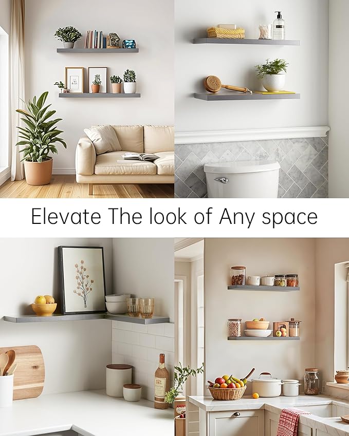 BAYKA Floating Shelves Grey, 22.5 inches Rustic Wood Wall Mounted Shelves for Bathroom, Bedroom, Living Room, Kitchen, Hanging Shelf for Books/Storage/Decor (Gray,Set of 2)