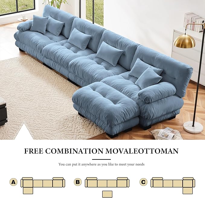 173.2" Oversized Couch, 4 Seater Modular Sectional Sofa, Blue Large L Shaped Sectional Couches for Living Room, Fluffy Chenille Fabric Cloud Couch with Ottoman, Deep Seat Sofas