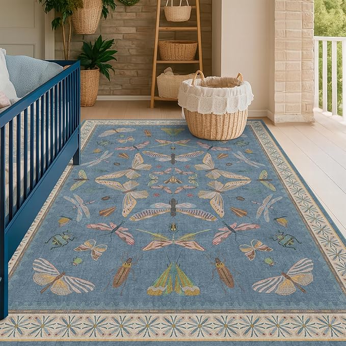 Modern Rugs for Living Room - 5x8 Moth Blue Carpet for Bedroom Under Bed, Girls Room Rug for Kids, Washable Non Slip Soft Floor Décor