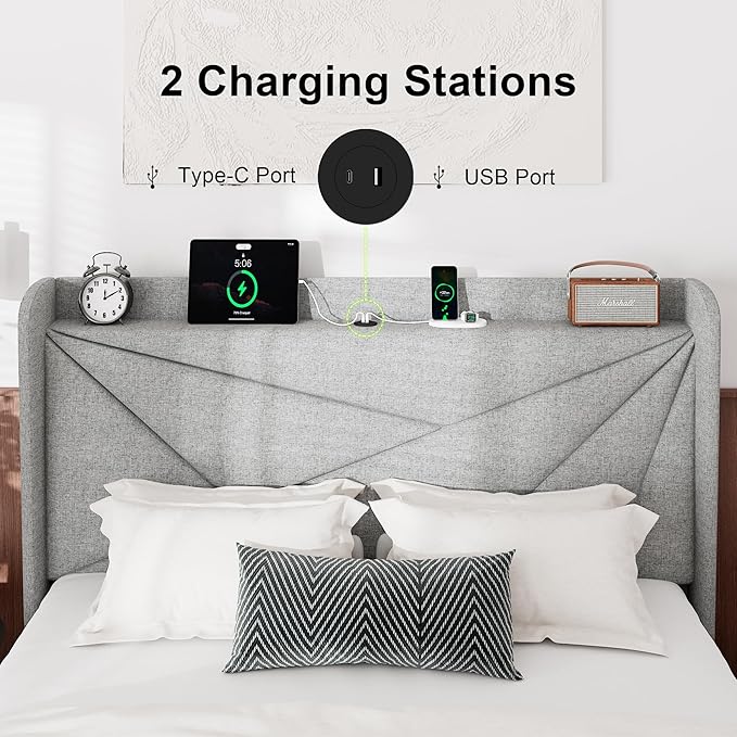 Feonase Full Bed Frame with Charging Station, Linen Upholstered Platform Bedframe with Wingback Headboard, Solid Wood Slats Support, Noise Free, No Box Spring Needed, Light Grey