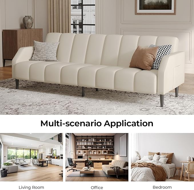 Fadware Faux Leather Couch, Convertible Futon Sofa Bed with Adjustable Backrest, Mid Century Leather Sofa Loveseat with Side Pockets& Metal Leg, Modern Leather Sleeper Sofa for Living Room Bedroom