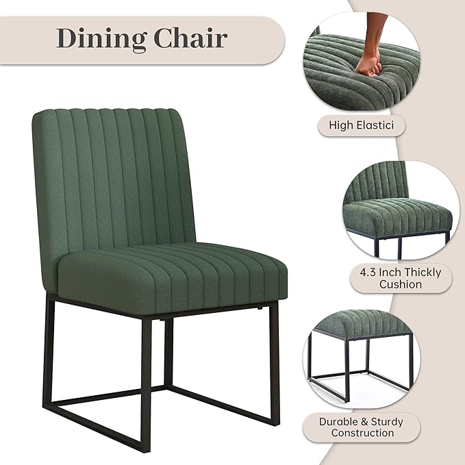 VKNOW Upholstered Dining Chairs Set of 4, Modern Dining Room Chairs with Stripe, Linen Kitchen Chair Dinner Chair with Black Metal Base for Kitchen Office, Green