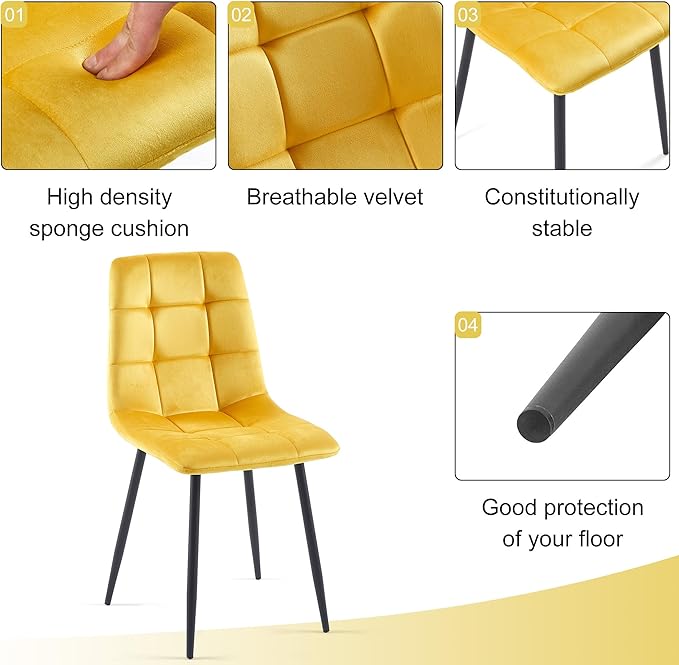 Velvet Dining Chairs Set of 4 - Yellow Dining Room Chairs with Metal Legs Ideal for Kitchen, Dining Room - Kitchen Chairs Set for 4