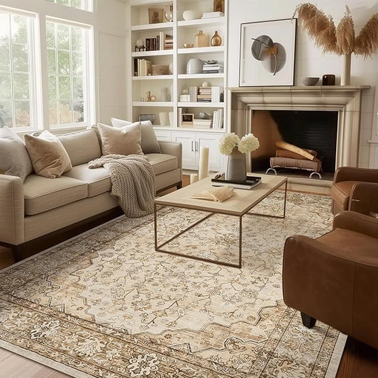 8x10 Area Rugs for Large Living Room Washable Low Pile Non Slip Stain Resistant Euro Floral Distressed Big Boho Carpet Rug Ultra-Thin for Bedroom Dining Room Farmhouse Family Room,Natural Beige