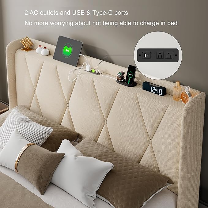 Feonase Full Size Bed Frame with 4 Storage Drawers, Upholstered Platform Bed with Charging Station, Wingback Storage Headboard, Wooden Slats Support, No Box Spring Needed, Easy Assembly, Beige