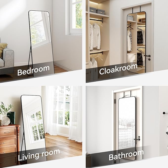 57x20 Door Hanging Full Length Mirror, Floor Stand (Height 5.7ft just Body in1.3ft) Wall Mounted Metal Frame Rectangle Dressing Mirrors for Bedroom Living Room 57 inch Black