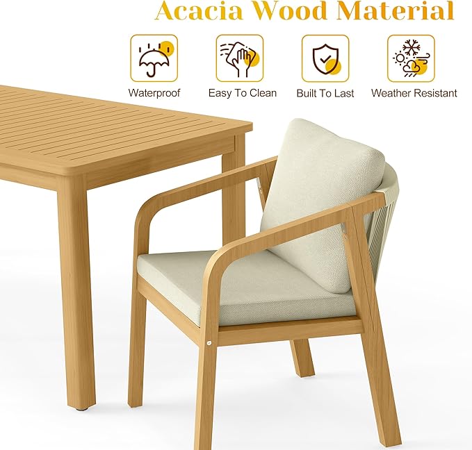 6-Piece Outdoor Dining Set for 4 with 23" Extra Wide Chair and Cushion，Patio Table and Chairs Set with All Acacia Wood Frame, All-Weather Outdoor Patio Furniture Set for Garden Lawn, Beige