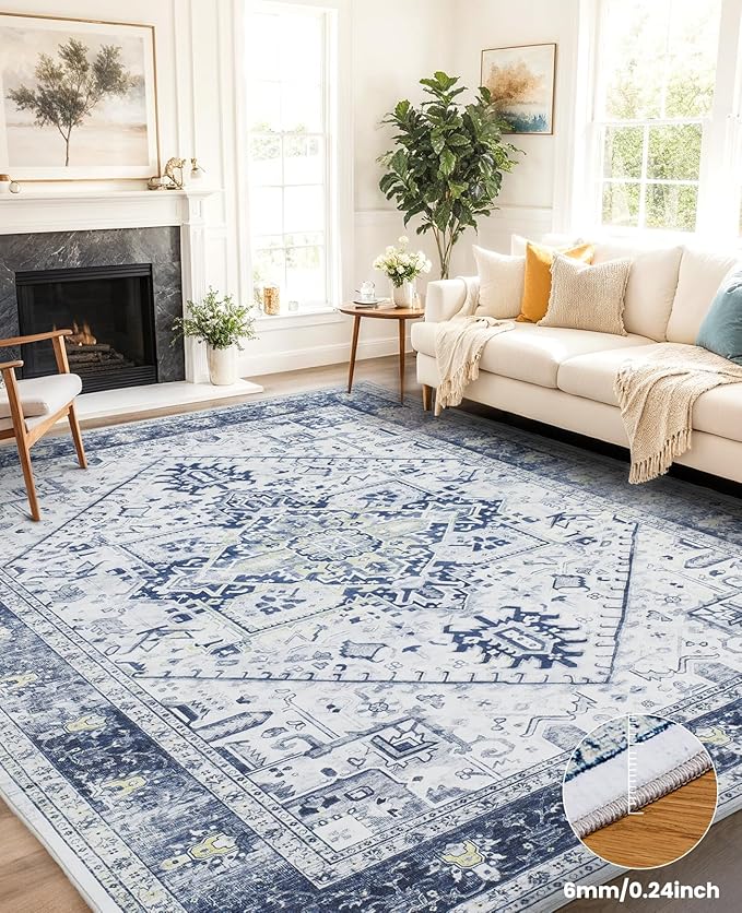 AMADA HOMEFURNISHING 8x10 Area Rugs, Low-Profile Large Washable Area Rug with Non-Slip Backing & Durable Edge Binding, Vintage Rugs for Living Room, Bedroom, Dinning Room