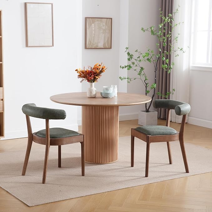 Kmax Dining Room Chairs Mid-Century Modern PU Kitchen Chairs with Natural Walnut Finished Frame, PU Curved Back, Set of 4, Green