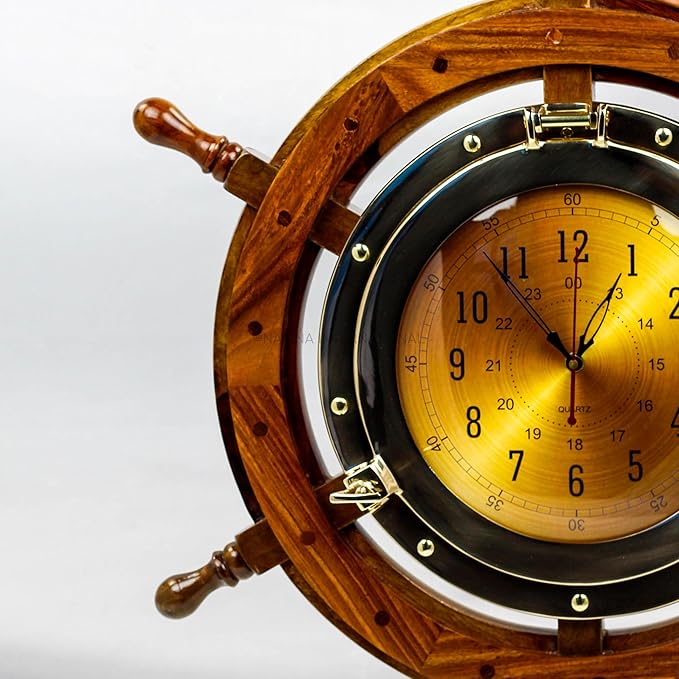 Nagina International 24" Exclusive Pirate's Nautical Ship's Steering Wheel Styled Porthole Clock | Lavish Wall Decor Gifts & Collectible