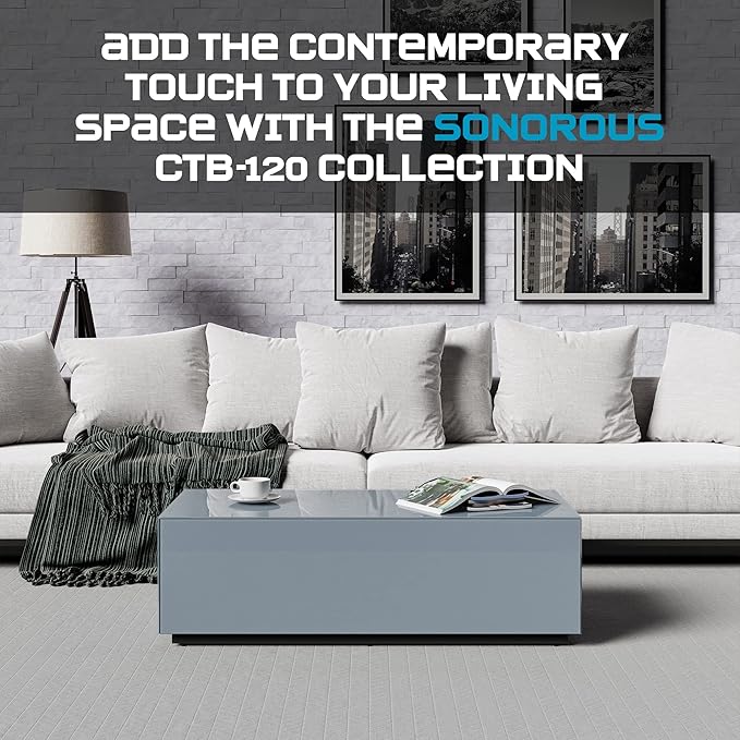 SONOROUS Premium Tempered Glass Coffee Table - Modern Gray Rectangular Coffee Tables for Living Room - High Gloss Fingerprint Resistant Mid Century Design - Stylish Living Room Furniture & Décor