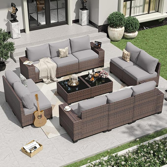 Aoxun 12 Pieces Patio Furniture Set Wicker Rattan Outdoor Sectional Conversation Set with Coffee Table and 4” Thickened Cushions, Gray (Waterproof Cover Included)
