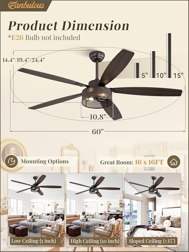 Fanbulous Farmhouse Ceiling Fans with Lights and Remote, 60 Inch Industrial Caged Ceiling Fans for Living Room Bedroom Kitchen, 6 Speed Reversible Quiet DC Motor, Dual Finish 5 Blades，Oil Bronze