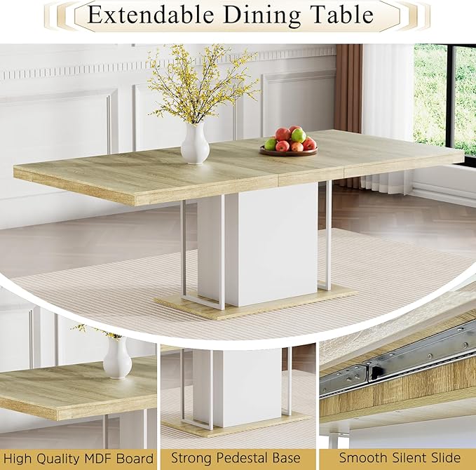 Goujxcy 78.7" Farmhouse Extendable Dining Room Table Set for 8, 9-Piece Rectangle Kitchen Dining Room Table Set with Wood Base and 8 Black Velvet Dining Chairs, Extending Kitchen & Dining Table Set