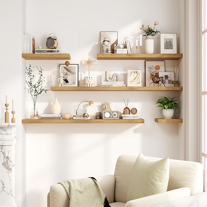 30 Inch Floating Shelves, Rustic Floating Wall Shelves 8 Inch Deep, 30 x 8 Floating Shelves for Home Decor, Deep Display & Storage Shelves for Kitchen, Bathroom, Living Room, Oak Color, Set of 2