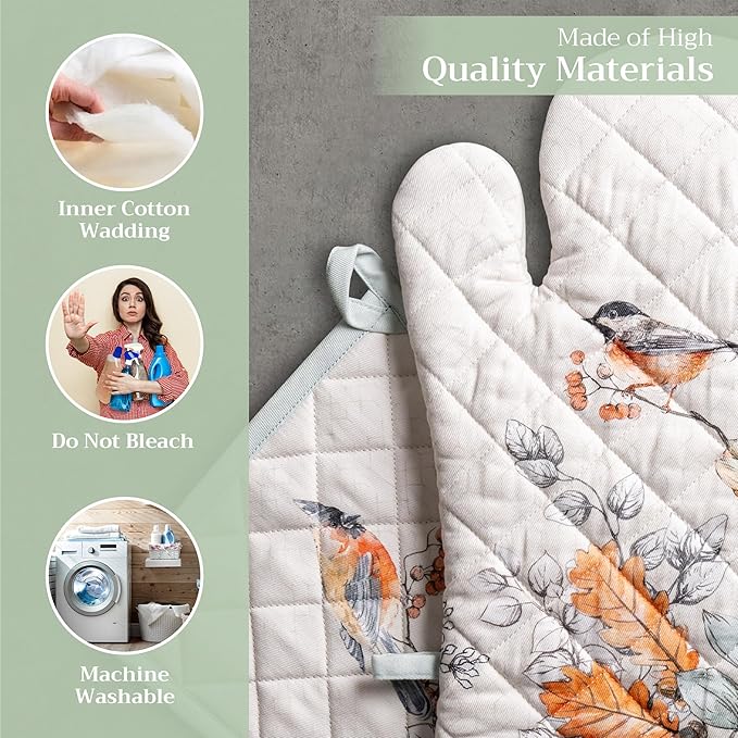 Maison d' Hermine 100% Cotton Oven Mitt & Pot Holder Set (7.5"x13" & 8"x8") Heat Resistant BBQ Cooking Gloves with Loop for Thanksgiving Christmas Decorations Handling Hot Pans (Whitish Shabby Chique)