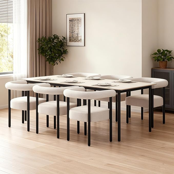 Beige Linen Dining Chairs Set of 6, Modern Upholstered Dining Chairs, Curved Backrest Kitchen Dining Room Chairs Accent Chairs Arm Chairs with Black Wood Legs